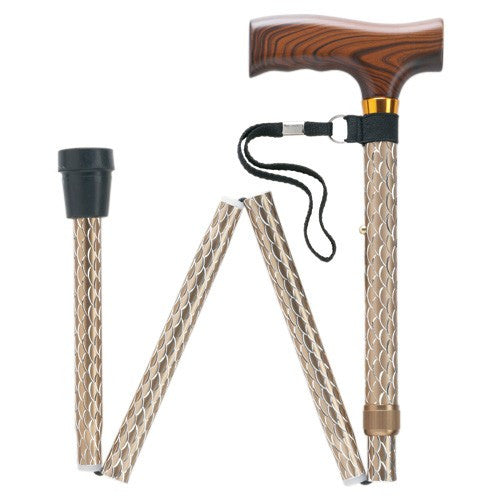 Etched Folding Aluminum Cane - Wood Handle