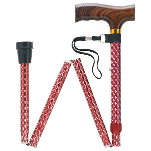 Etched Folding Aluminum Cane - Wood Handle